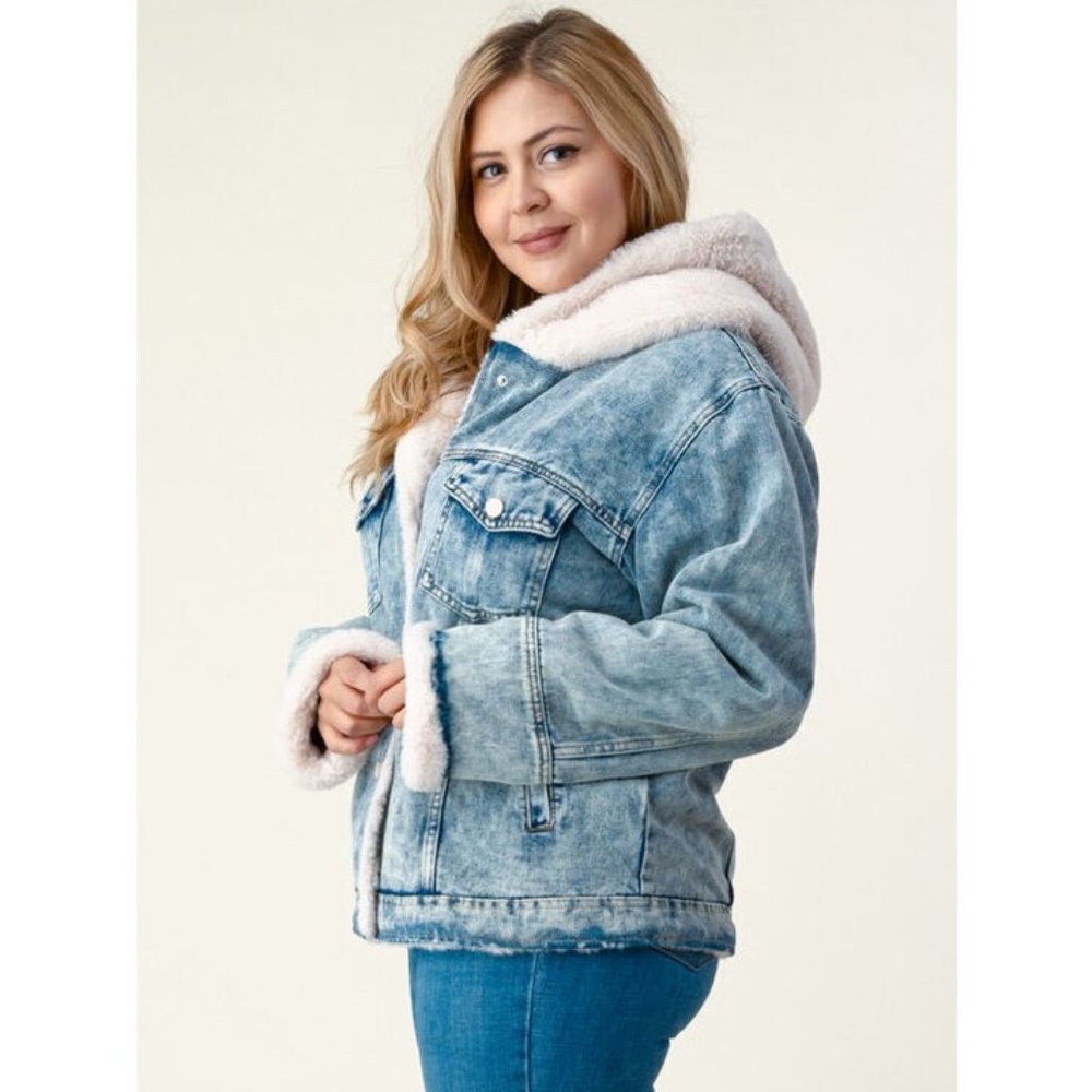 SOLD OUT Plus Denim Ivory Sherpa Faux Fur Hood Jean Jacket - Picture 3 of 5